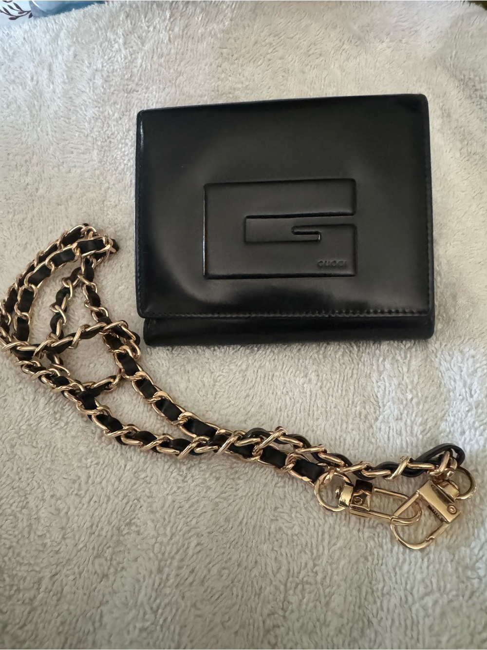 Gucci Black Leather Wallet with Gold-Tone Chain Strap